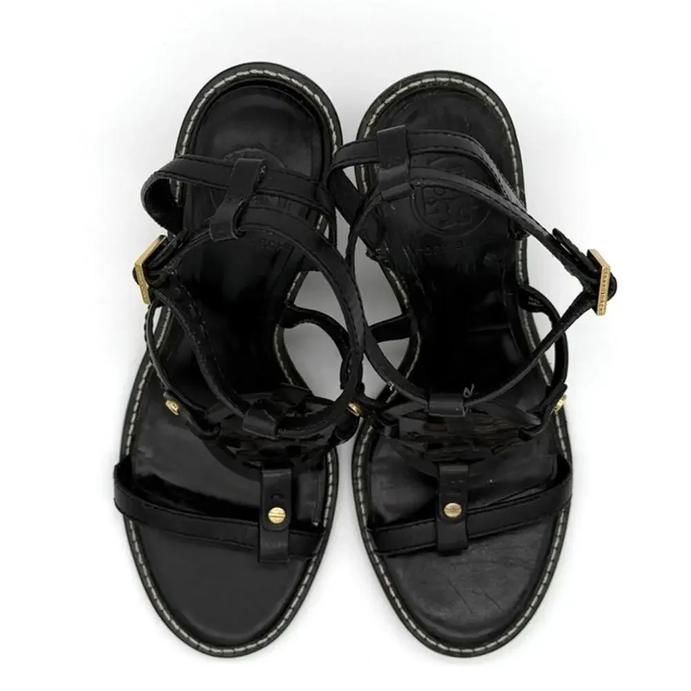 Tory Burch Leather Wedge Sandals Black Cutout Gold Studs Size 8M Summer Resort